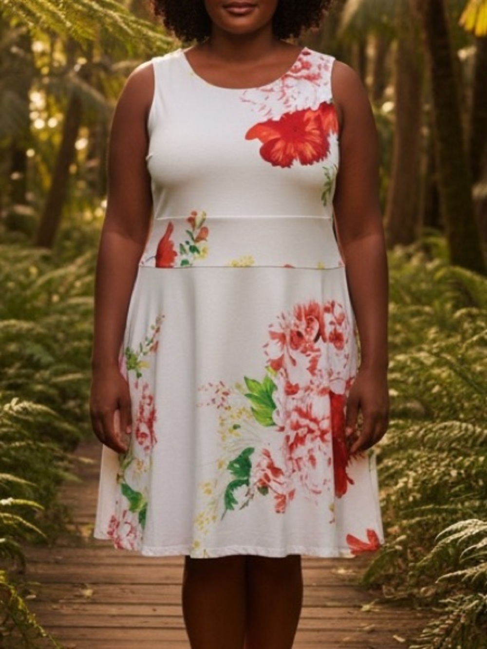 White Colourful Floral Skater Style Slip On Mini Dress Size XXL